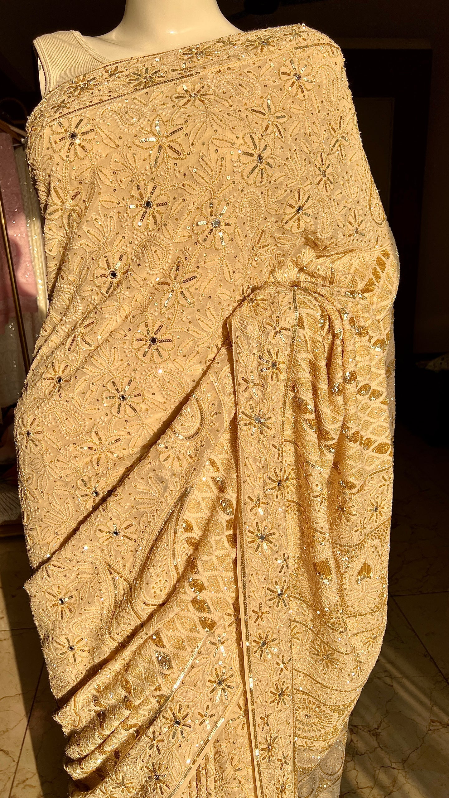 Ruhani Golden Beige Chikankari Sequins Cut Dana Embroidered Masterpiece Saree